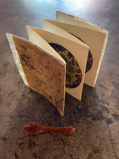 Libro de biomaterial con hinojo en las portadas,placas de biomaterial impresas como grabado y cuchara con hueso de aguacate. Yessica Diaz